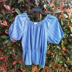 NINE WEST BLOUSE WOMENS SIZE XL LIGHT BLUE STRIPED PULLOVER PEPLUM STRETCH
